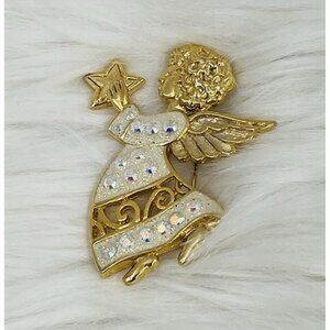 Vintage Brooch Gold Tone Pin 2" Christmas Angel Star Rhinestone Holiday